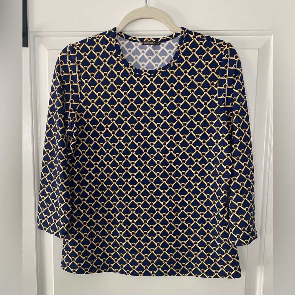 J. McLaughlin Navy and Gold Chain Print Blouse